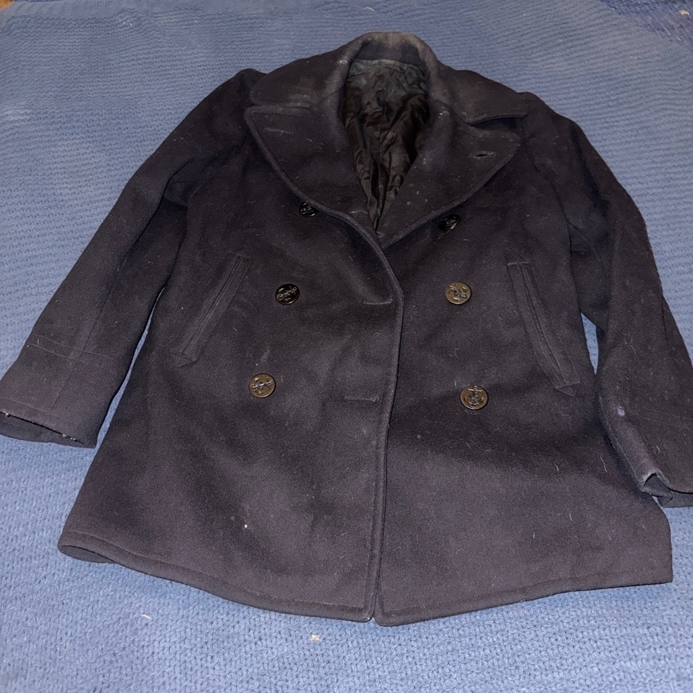Vintage US Navy Wool Pea Coat Mens 36 Navy Blue Double Breasted Military Jacket